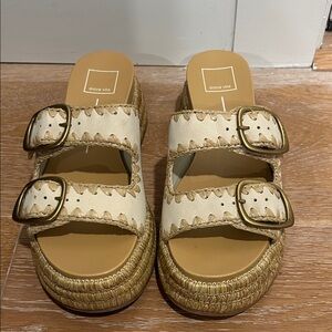 Dolce Vita Tan and Cream Buckle Platform Sandals, Size 7.5